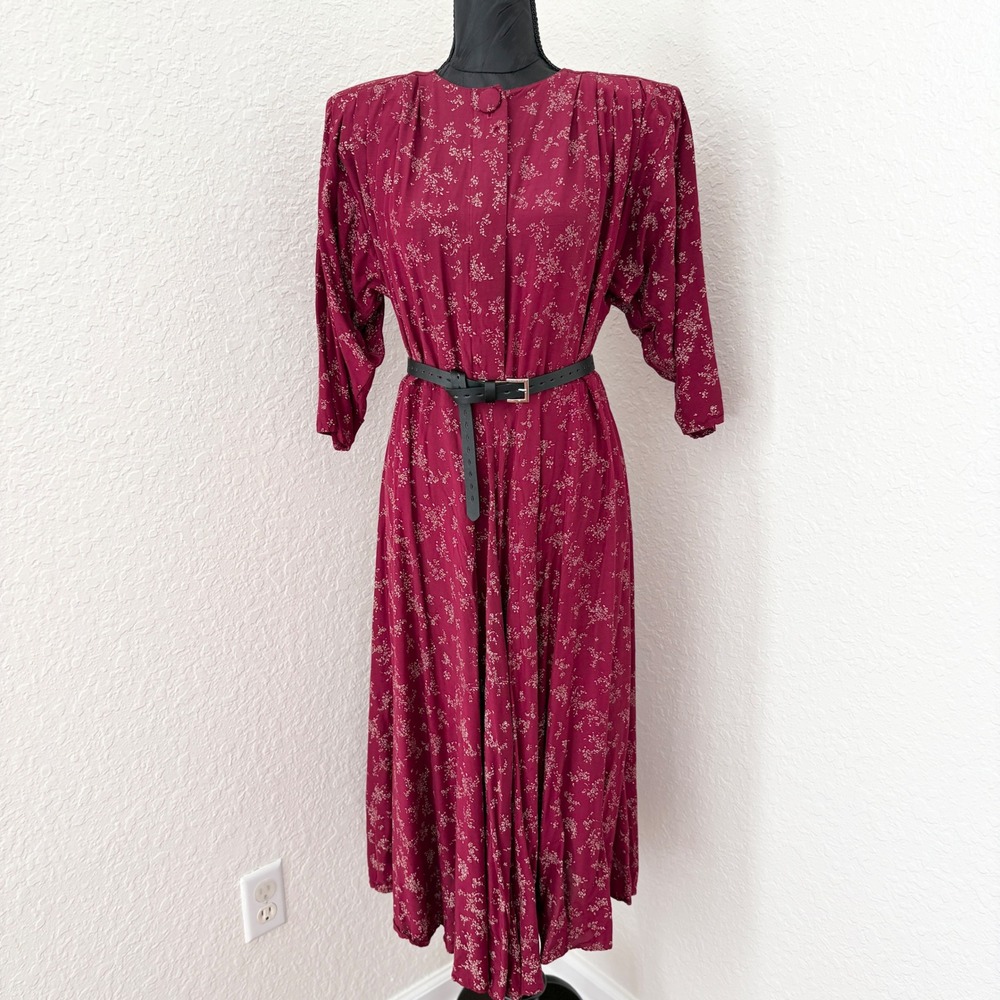 80s Vintage Floral Padded Shoulder Midi Dress L Burgundy